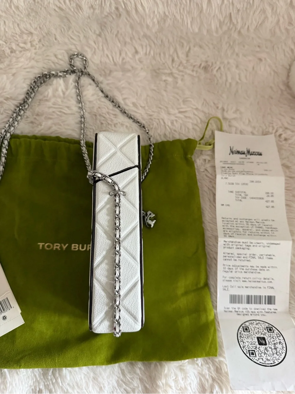 Tory Burch White Quilted Phone Crossbody with Silver Chain